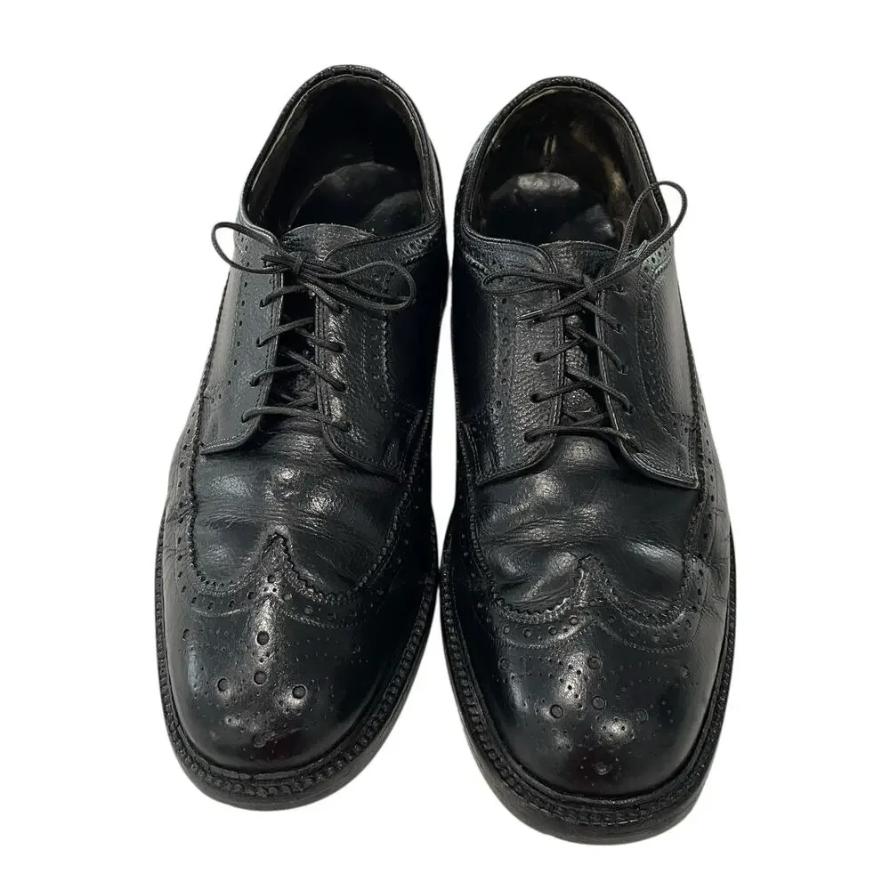 Hanover Black Wingtip Shoes Men 8.5 Leather Dress Lace Up Oxfords Vintage READ